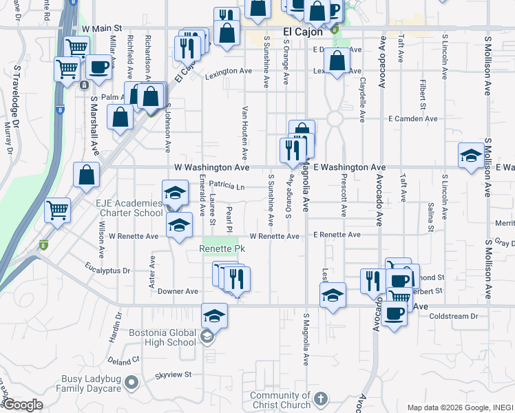 map of restaurants, bars, coffee shops, grocery stores, and more near 341 Sandy Street in El Cajon