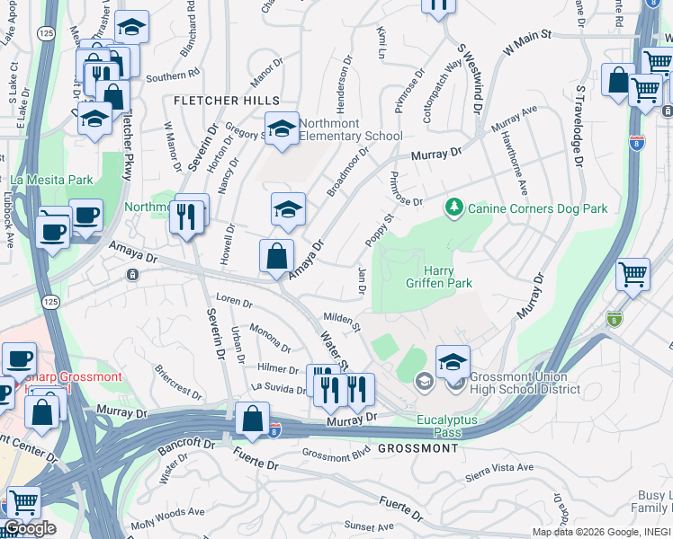 map of restaurants, bars, coffee shops, grocery stores, and more near 5850 Gregg Court in La Mesa