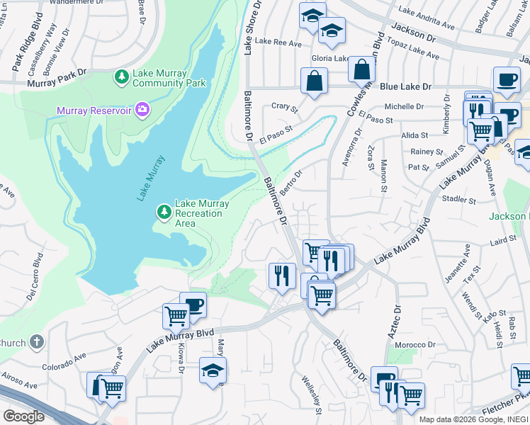 map of restaurants, bars, coffee shops, grocery stores, and more near 5710 Baltimore Drive in La Mesa