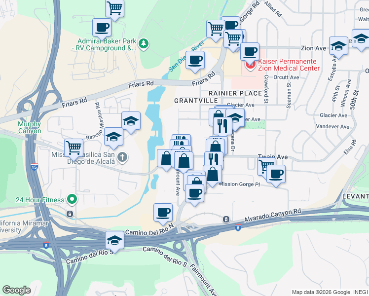 map of restaurants, bars, coffee shops, grocery stores, and more near 6127 Fairmount Avenue in San Diego