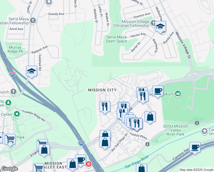 map of restaurants, bars, coffee shops, grocery stores, and more near 2799 Fenton Parkway in San Diego