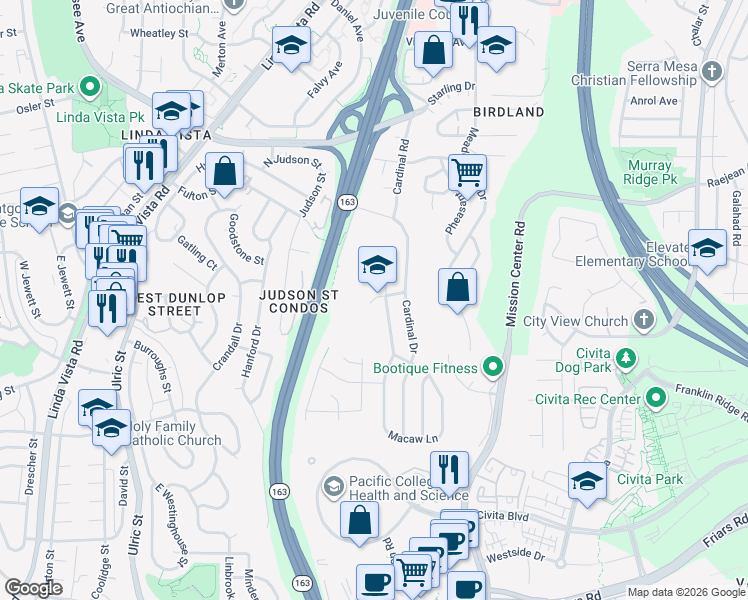 map of restaurants, bars, coffee shops, grocery stores, and more near 7685 Bobolink Way in San Diego