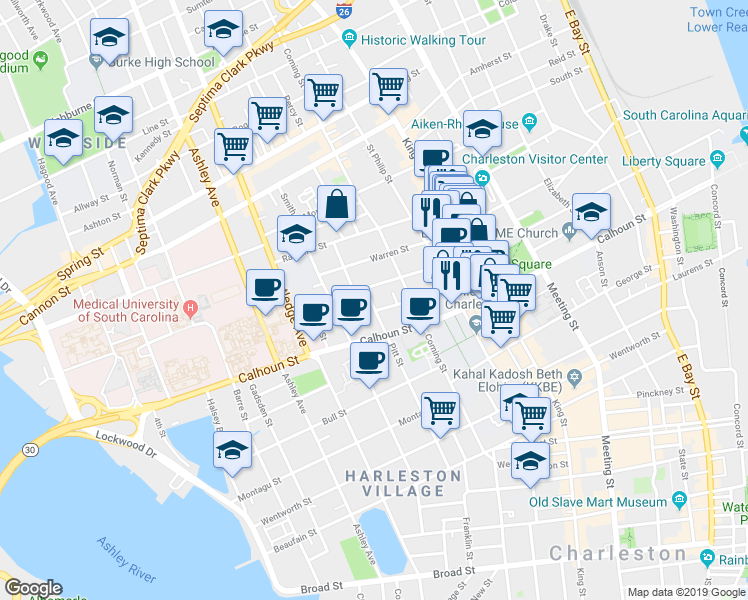 map of restaurants, bars, coffee shops, grocery stores, and more near 20 Duncan Street in Charleston