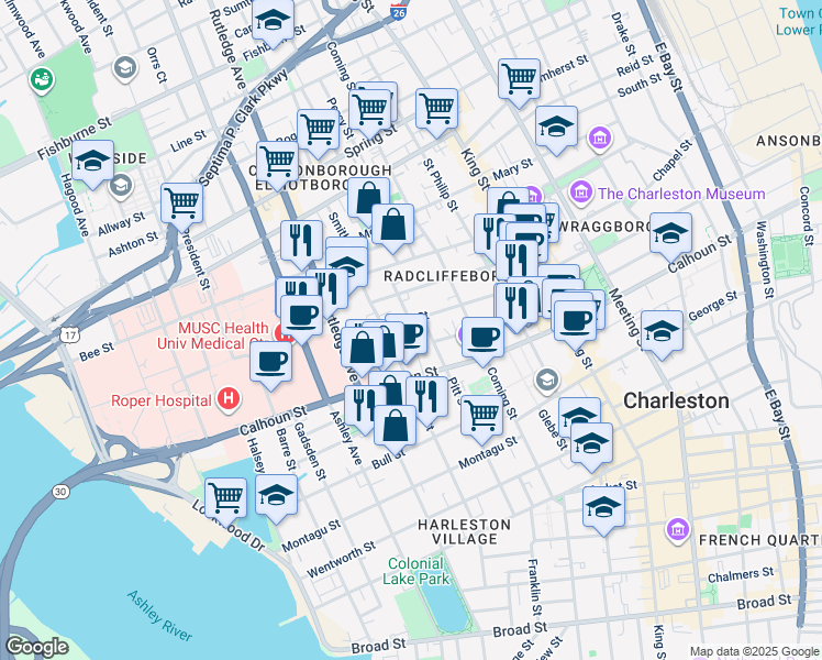 map of restaurants, bars, coffee shops, grocery stores, and more near 6 Murphy Court in Charleston