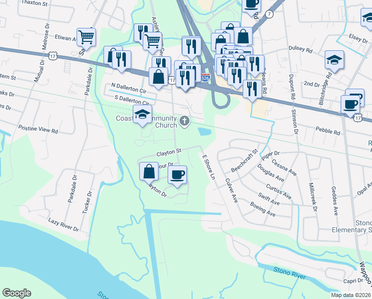 map of restaurants, bars, coffee shops, grocery stores, and more near 2068 Clayton Street in Charleston
