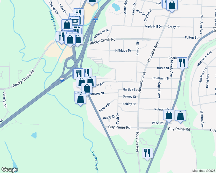 map of restaurants, bars, coffee shops, grocery stores, and more near 1334 Glendale Avenue in Macon