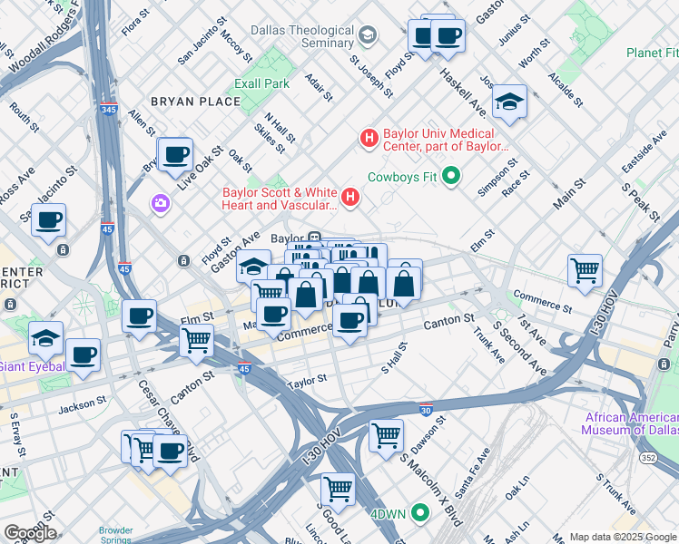 map of restaurants, bars, coffee shops, grocery stores, and more near 300 North Walton Street in Dallas