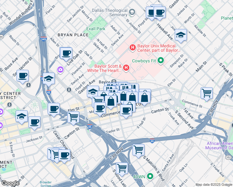 map of restaurants, bars, coffee shops, grocery stores, and more near 300 North Walton Street in Dallas