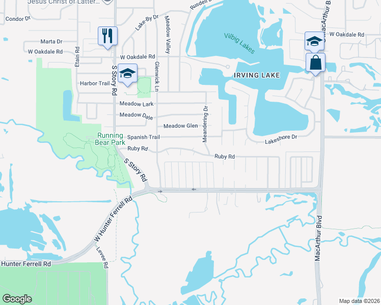 map of restaurants, bars, coffee shops, grocery stores, and more near 1948 Ruby Road in Irving