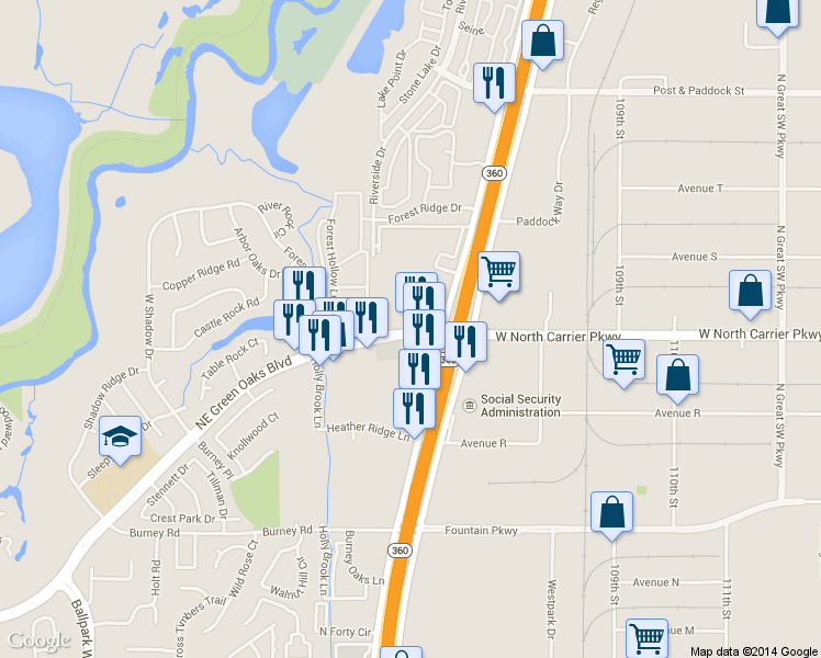 map of restaurants, bars, coffee shops, grocery stores, and more near 2800 NE Green Oaks Blvd in Arlington