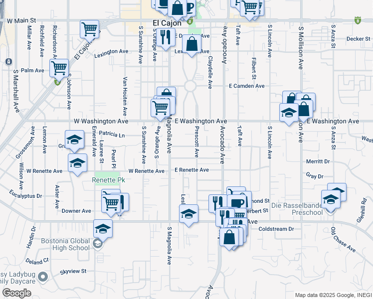 map of restaurants, bars, coffee shops, grocery stores, and more near 163 Lindell Avenue in El Cajon