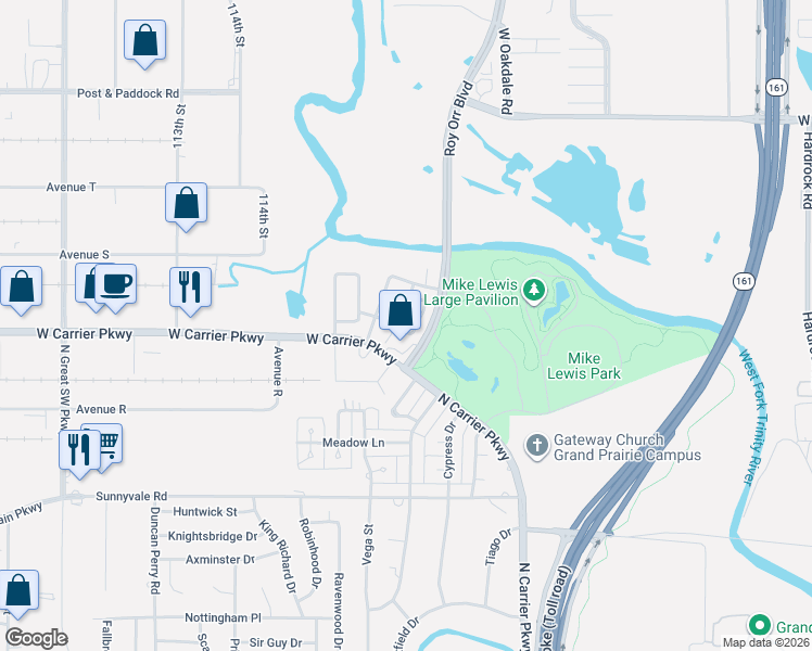 map of restaurants, bars, coffee shops, grocery stores, and more near 2215 Canterbury Park Drive in Grand Prairie