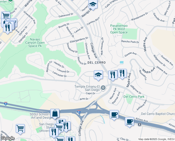 map of restaurants, bars, coffee shops, grocery stores, and more near 6196 Rockhurst Drive in San Diego