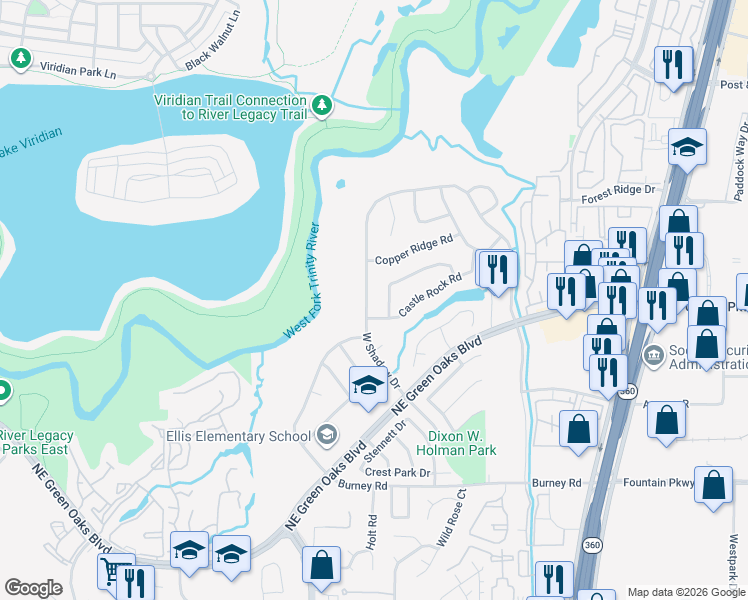 map of restaurants, bars, coffee shops, grocery stores, and more near 2819 West Shadow Drive in Arlington