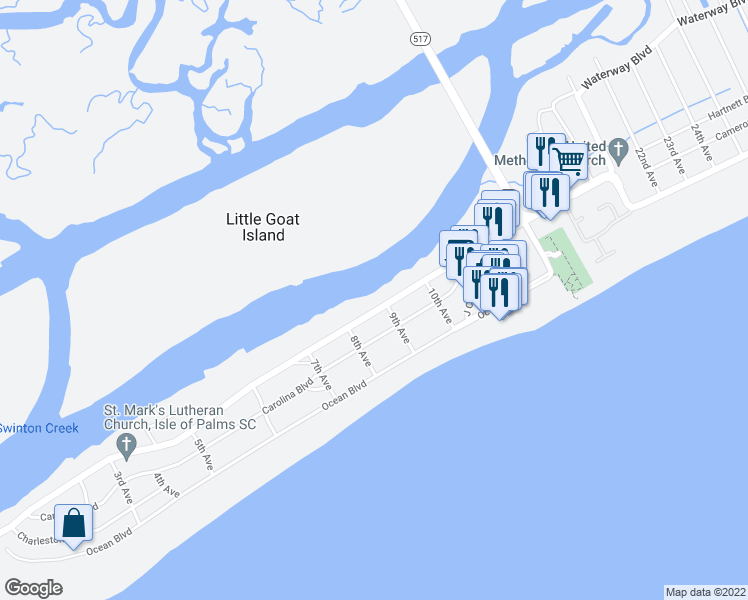 map of restaurants, bars, coffee shops, grocery stores, and more near 815 Palm Boulevard in Isle of Palms