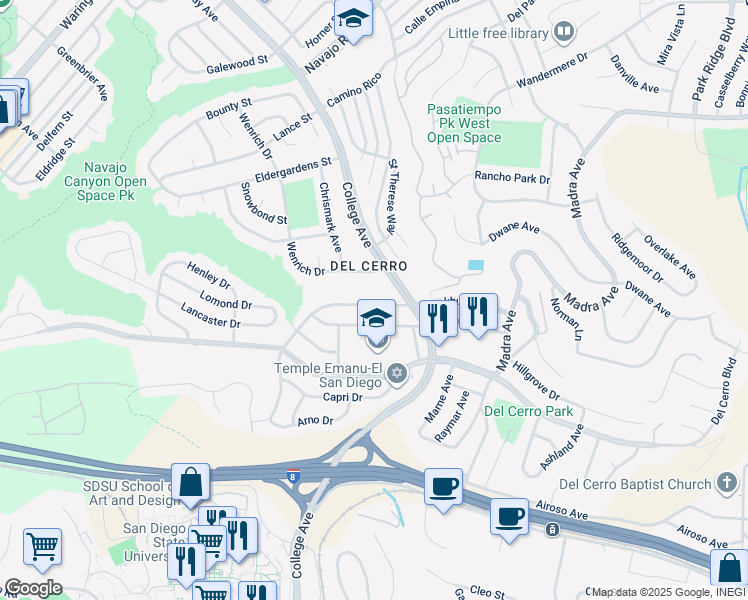 map of restaurants, bars, coffee shops, grocery stores, and more near 6248 Rockhurst Drive in San Diego