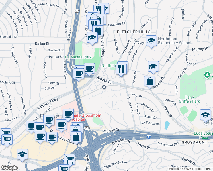 map of restaurants, bars, coffee shops, grocery stores, and more near 5625 Amaya Drive in La Mesa