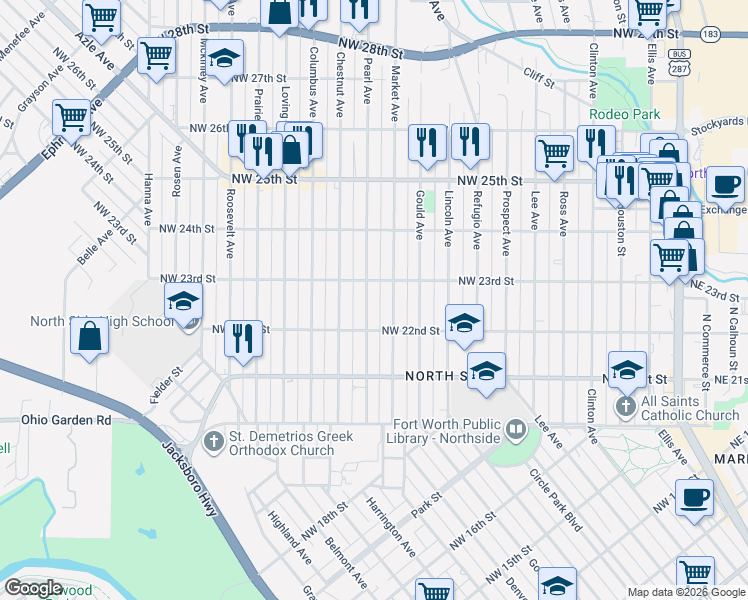 map of restaurants, bars, coffee shops, grocery stores, and more near 2216 Pearl Avenue in Fort Worth