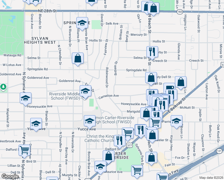 map of restaurants, bars, coffee shops, grocery stores, and more near 1709 Brittain St in Fort Worth