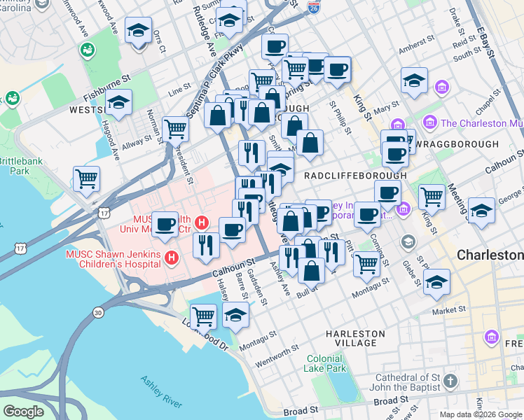 map of restaurants, bars, coffee shops, grocery stores, and more near Vanderhorst Street in Charleston