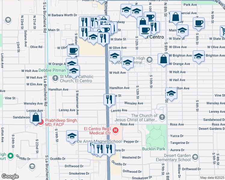 map of restaurants, bars, coffee shops, grocery stores, and more near 1485 Hamilton Avenue in El Centro