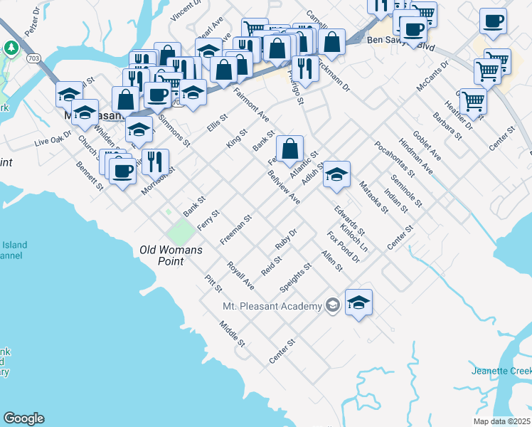 map of restaurants, bars, coffee shops, grocery stores, and more near 604 Adluh St in Mt Pleasant