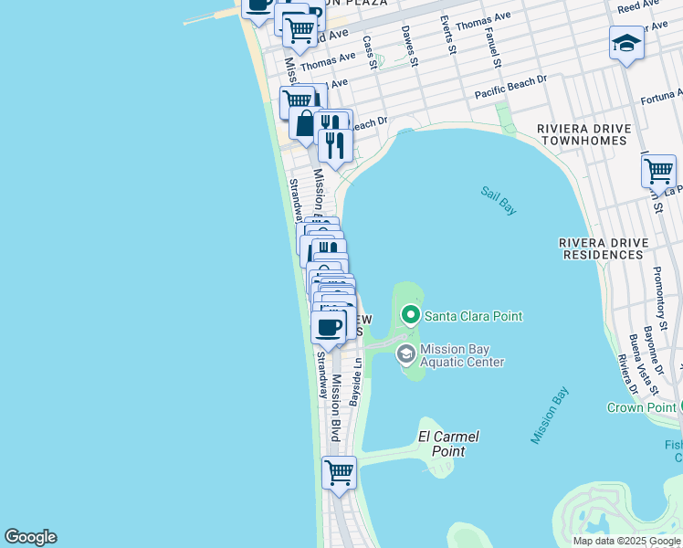 map of restaurants, bars, coffee shops, grocery stores, and more near 3834 1/2 Bayside Walk in San Diego