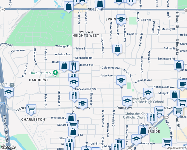 map of restaurants, bars, coffee shops, grocery stores, and more near 2805 Aster Avenue in Fort Worth
