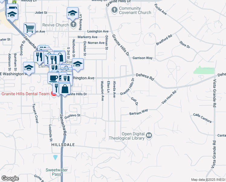 map of restaurants, bars, coffee shops, grocery stores, and more near 1612 Granite Hills Drive in El Cajon