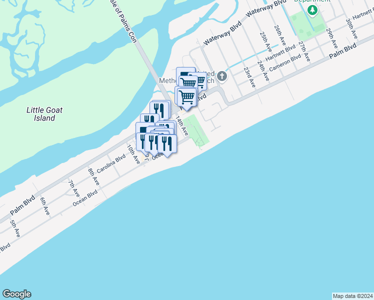 map of restaurants, bars, coffee shops, grocery stores, and more near 1300 Ocean Boulevard in Isle of Palms