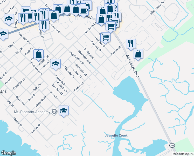 map of restaurants, bars, coffee shops, grocery stores, and more near Marsh Grove Avenue in Mount Pleasant
