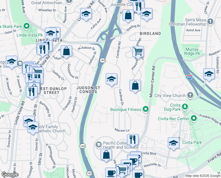 map of restaurants, bars, coffee shops, grocery stores, and more near 7666 Bobolink Way in San Diego