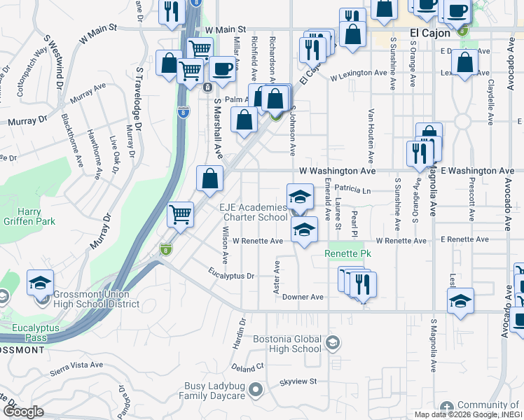 map of restaurants, bars, coffee shops, grocery stores, and more near 805 Lemon Avenue in El Cajon