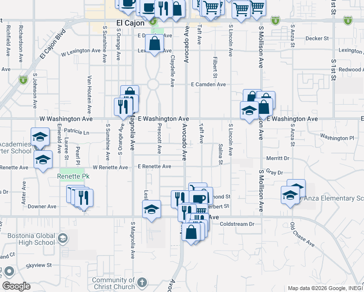 map of restaurants, bars, coffee shops, grocery stores, and more near 397 Lindell Avenue in El Cajon