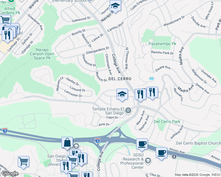 map of restaurants, bars, coffee shops, grocery stores, and more near 6202 Rockhurst Drive in San Diego