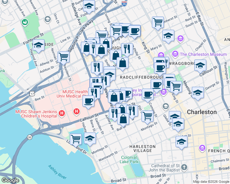 map of restaurants, bars, coffee shops, grocery stores, and more near 73 Vanderhorst Street in Charleston