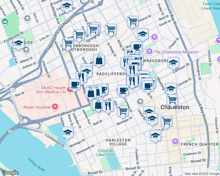 map of restaurants, bars, coffee shops, grocery stores, and more near 80 Pitt Street in Charleston