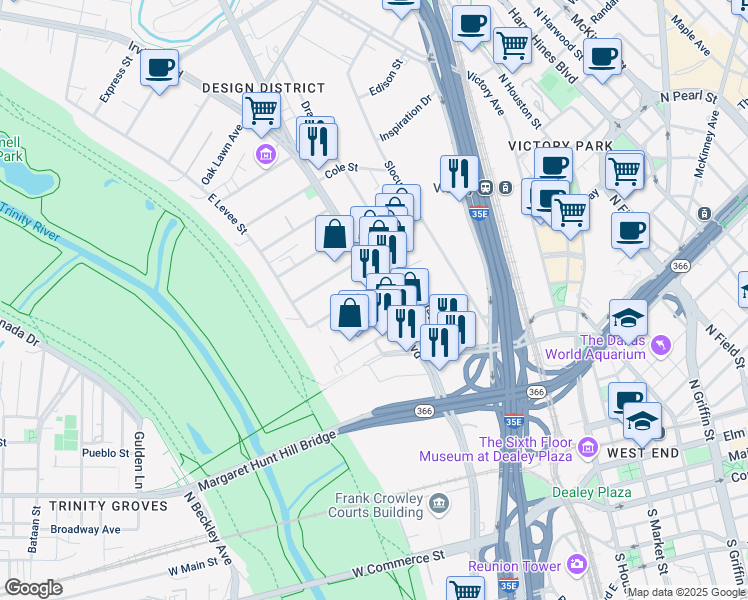 map of restaurants, bars, coffee shops, grocery stores, and more near 921 North Riverfront Boulevard in Dallas