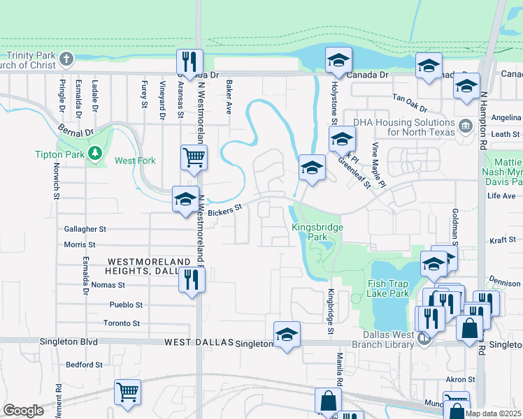 map of restaurants, bars, coffee shops, grocery stores, and more near 3020 Bickers Street in Dallas