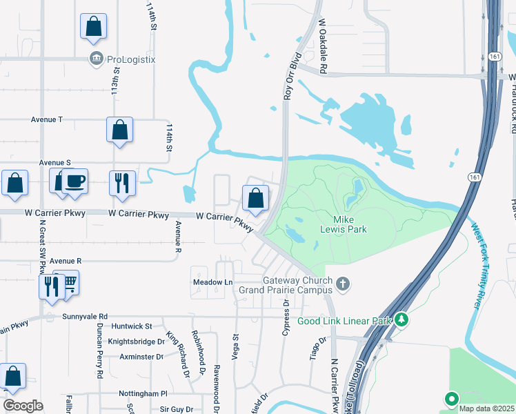 map of restaurants, bars, coffee shops, grocery stores, and more near 2215 Canterbury Park Drive in Grand Prairie