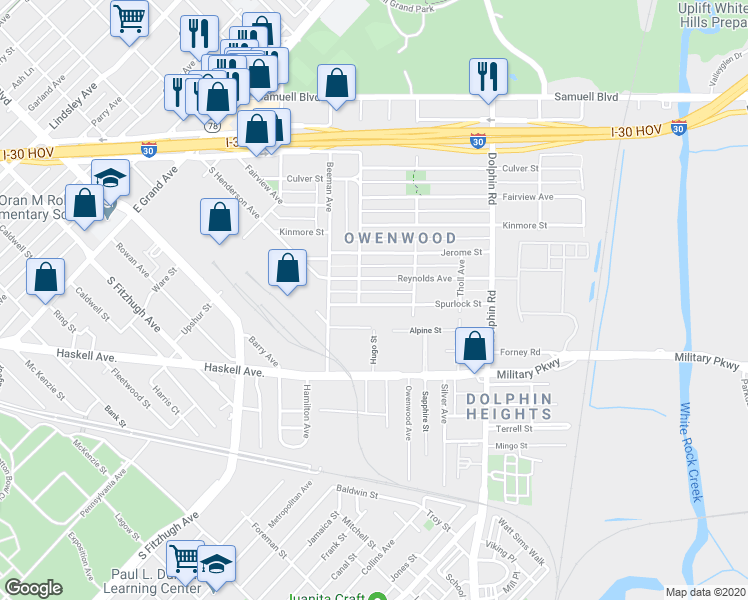 map of restaurants, bars, coffee shops, grocery stores, and more near 3015 Spurlock Street in Dallas