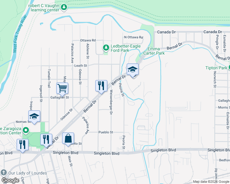 map of restaurants, bars, coffee shops, grocery stores, and more near 3502 Weisenberger Drive in Dallas