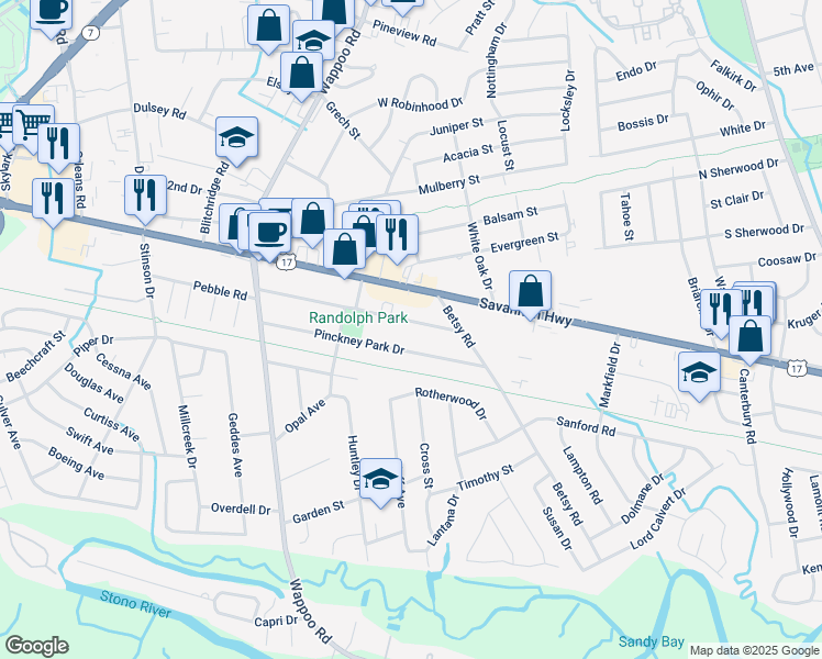 map of restaurants, bars, coffee shops, grocery stores, and more near 1665 Pearlott Street in Charleston