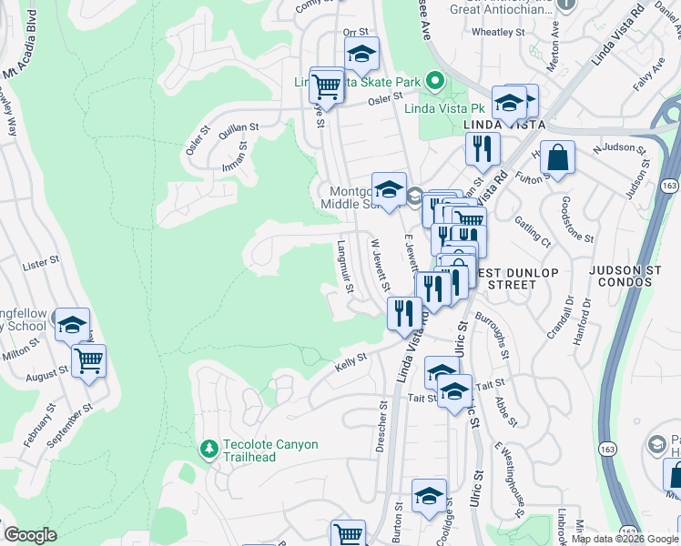 map of restaurants, bars, coffee shops, grocery stores, and more near 2314 Langmuir Street in San Diego