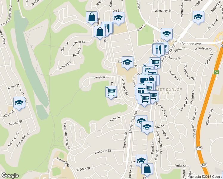 map of restaurants, bars, coffee shops, grocery stores, and more near 2314 Langmuir Street in San Diego
