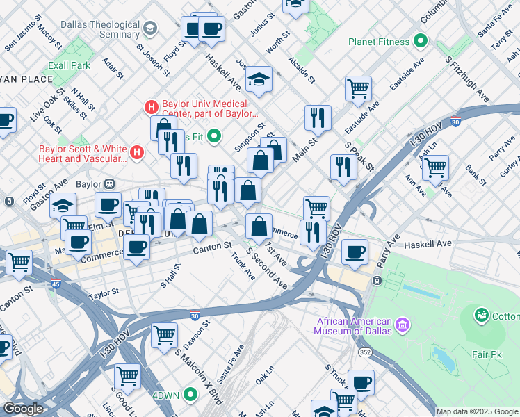 map of restaurants, bars, coffee shops, grocery stores, and more near 14 Main Street in Dallas