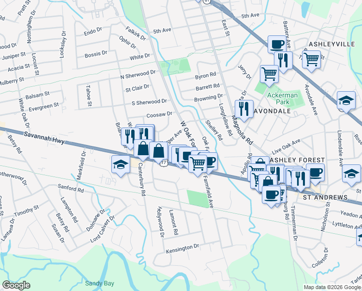 map of restaurants, bars, coffee shops, grocery stores, and more near 1224 Macqueen Avenue in Charleston