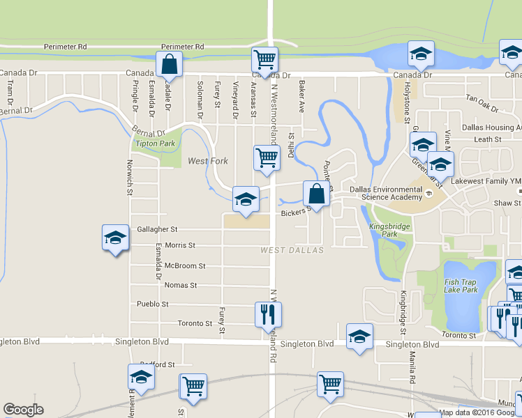 map of restaurants, bars, coffee shops, grocery stores, and more near 3315 Bickers Street in Dallas