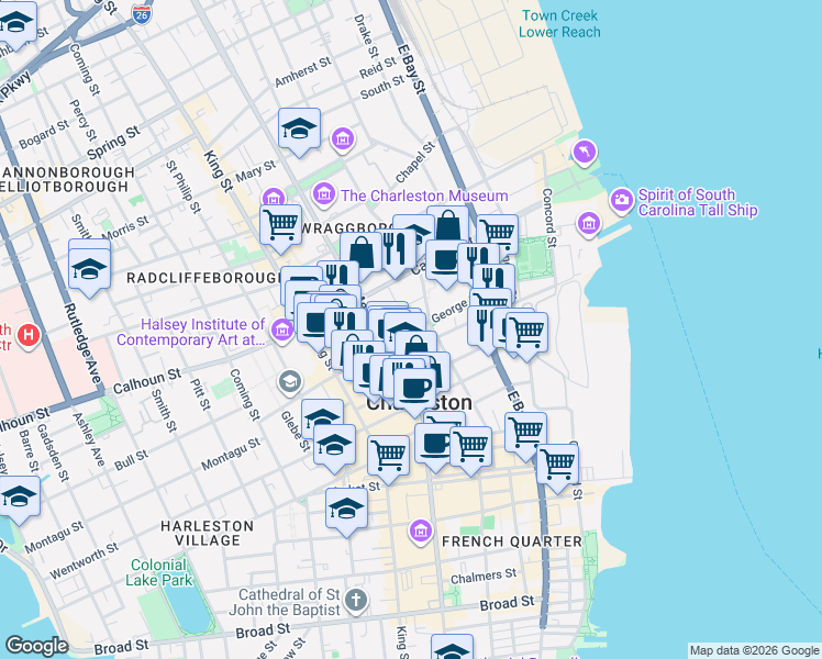 map of restaurants, bars, coffee shops, grocery stores, and more near 9 George Street in Charleston