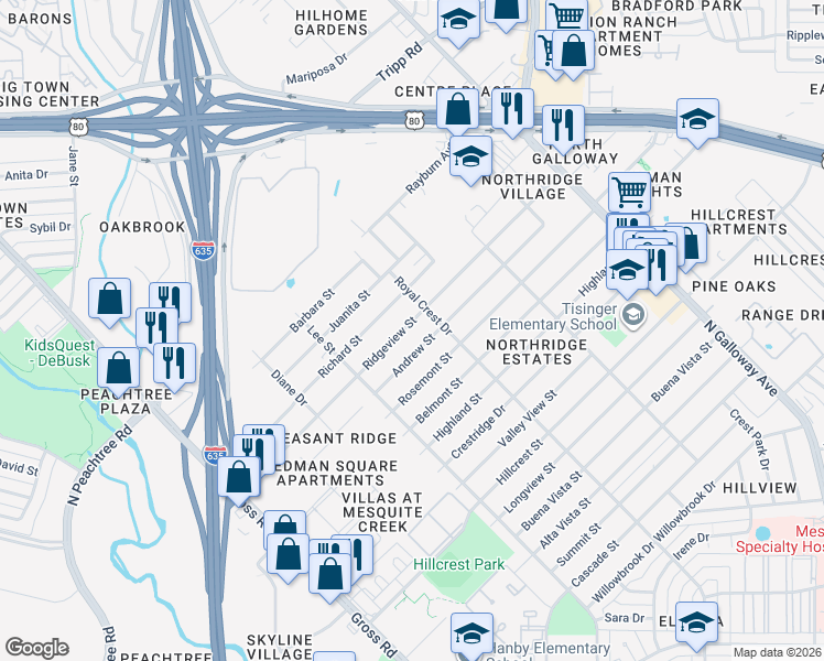 map of restaurants, bars, coffee shops, grocery stores, and more near 1418 Ridgeview Street in Mesquite
